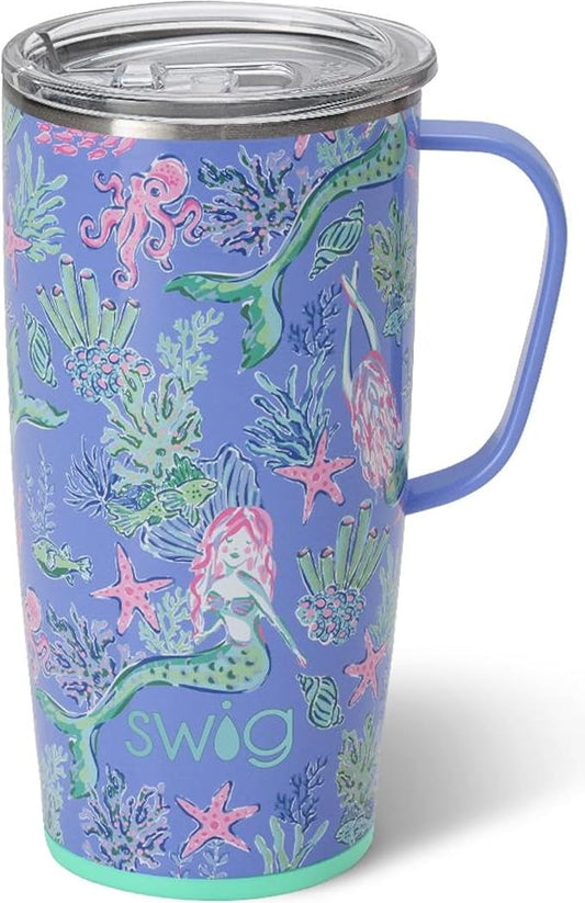 Swig Life 22oz Travel Mug, Insulated Tumbler with Handle and Lid, Cup Holder Friendly, Dishwasher Safe, Stainless Steel, Travel Coffee Cup, Insulated Mug with Lid (Under the Sea)