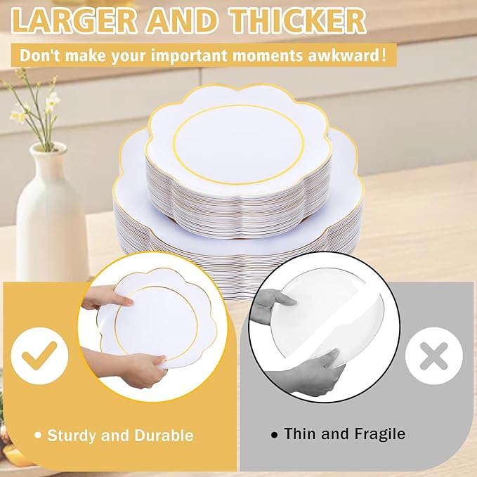 WONDERFUL 60pcs White Plastic Plates Disposable Heavy Duty White and Gold Plastic Plates for Party High-End Plate Includes 30 10.25in Dinner & 30 7.5in Dessert Plate Wedding/Christmas/Thanksgiving