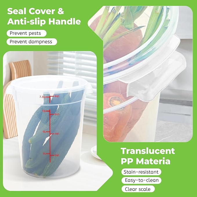 4 Pack Round Food Storage Containers with Lids, 8Qt Translucent, Polypropylene, BPA Free, Includes Labels & Measuring Cups