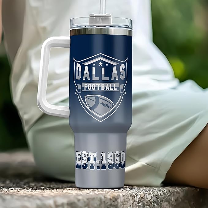 Custom Insulated 40oz Football Travel Cup with Handle & Straw, Stainless Steel Personalized Tumbler, Name & Number Mug, Sports Fan Gift for Men Women (Dallas)
