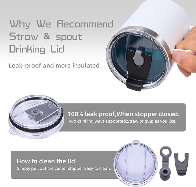 Volhoply 12oz Insulated Leakproof Coffee Mug with Flip & Straw Lid Bulk 2 Pack,Double Wall Vacuum Stainless Steel Travel Tumbler Cup with Handle,Reusable Camping Mugs Keep Cold/Hot(White,2 Set)