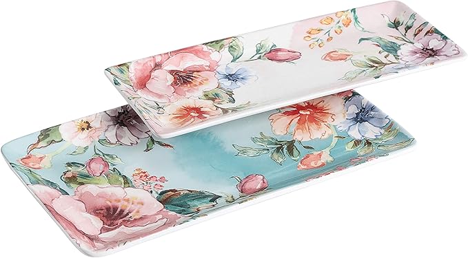 Bico Margret's Garden Ceramic 14 inch Rectangular Serving Platter, Set of 2, for Serving Salad, Pasta, Cheese, Ham, Appetizer, Microwave & Dishwasher Safe