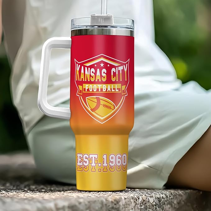 Personalized Football Insulated Travel Cup with Handle & Straw, 40oz Stainless Steel Tumbler, Custom Name & Number Mug, Tailgating Gift for Fans (Kansas City)