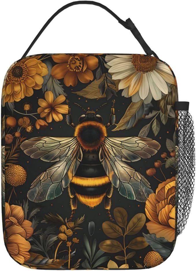 Reusable Retro Bee Floral Lunch Box for Kids, Insulated Yellow Black Bumblebee Vintage Bag,Polyester Cooler Animal Lovers Handbags Case for School Picnic Work Travel Beach or Hiking, Gifts