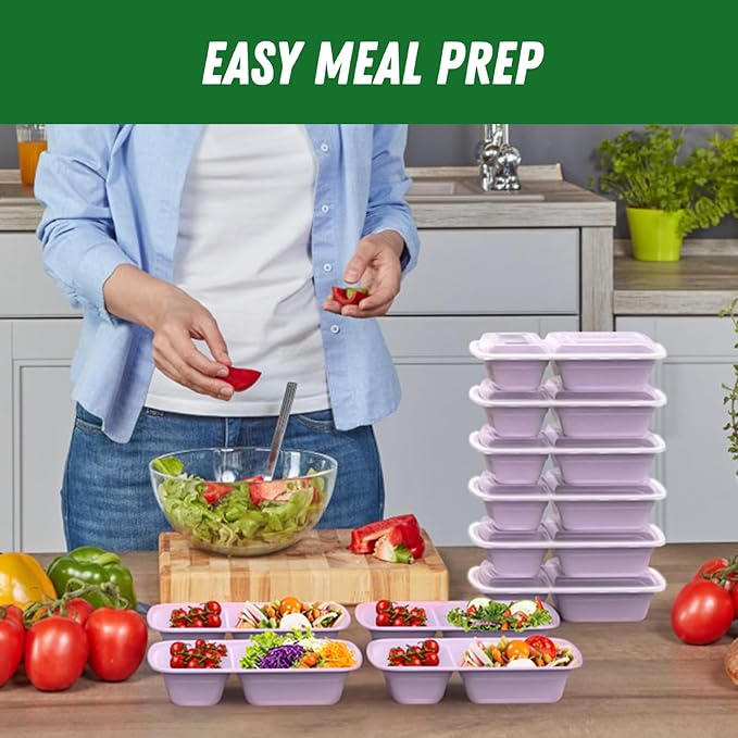 50 Pack (100-Piece) 28 oz Meal Prep Containers Reusable with Lids 2-Compartment, Sturdy Leakproof Food Safe, Microwave Freezer Dishwasher Safe, To Go Take Out Plastic Food Storage, Lilac