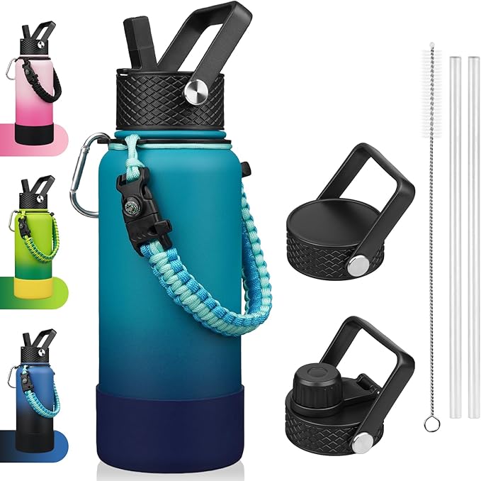 BJPKPK 32oz Insulated Water Bottles with 3 Lids, Paracord Handle & Non-slip Boot, Stainless Steel Metal Water Bottle,Reusable BPA Free Thermo, Tumblers, Vast