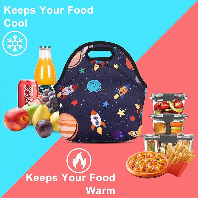 Violet Mist Women's Reusable Neoprene Lunch Bag, Space Rocket, Unisex, 11.4"L x 10.43"H x 5.51"W, 8.7 inches, fits containers up to 7"W