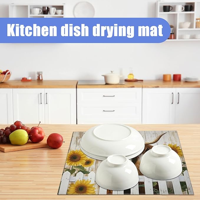 Sunflower Highland Cow Dish Drying Mat for Kitchen Counter Drying Pad Absorbent Reversible Dish Drainer Rack Mats Draining Pad 18"x24"Inch