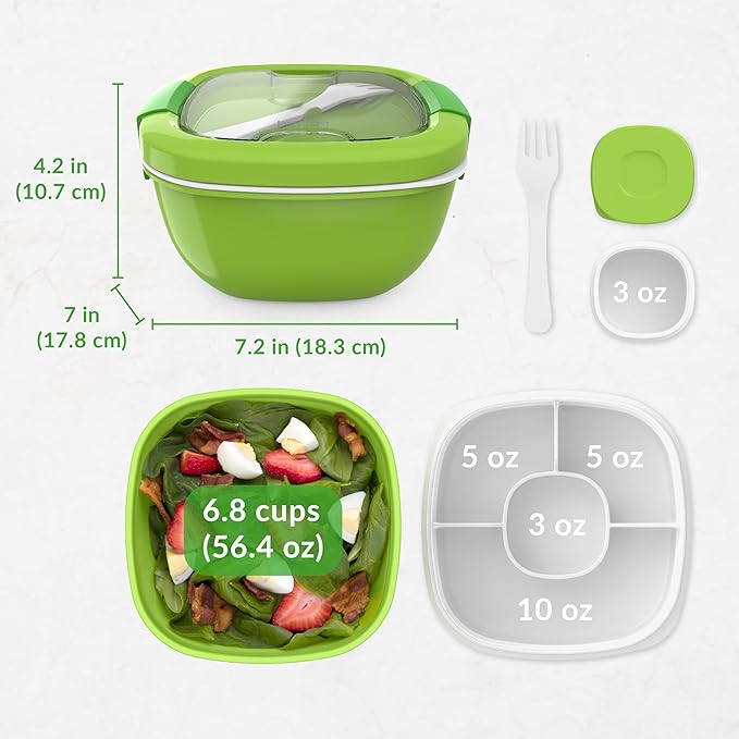 Bentgo Salad Container - 54 oz Bowl with 4-Compartment Toppings Tray, Leak-Proof Dressing Container, Reusable Fork, BPA-Free Lunch Box for Meal Prep & Food Storage; Removable Bento Tray (Green)