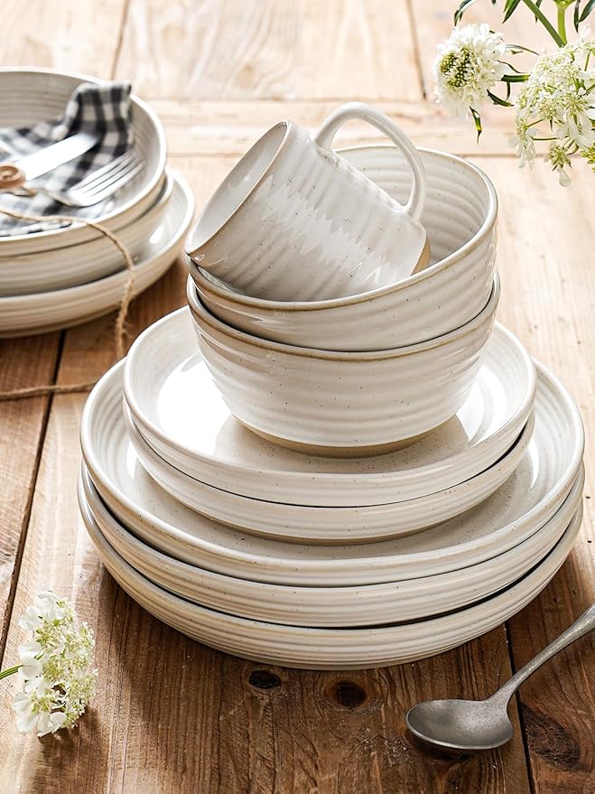 LE TAUCI Dinnerware Sets 16 PCS, Stoneware Plates and Bowls Set, House Warming Wedding Present, Serve for 4 (10" Dinner Plates + 8" Salad Dish + 28 oz Cereal Bowl+12oz coffee mugs) x 4, Arctic White