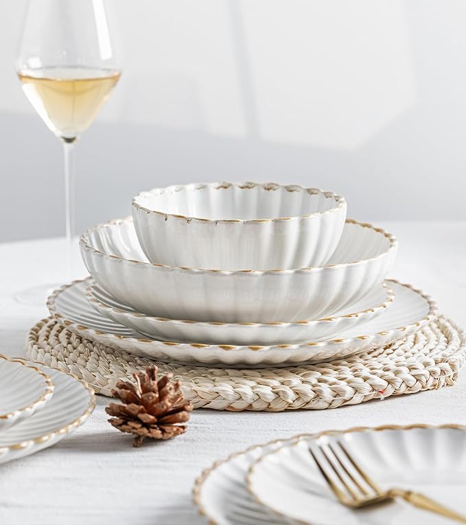 GBHOME Stoneware Dinnerware Sets for 4,Handcrafted Embossed Design Reactive Glaze Ceramic Plates and Bowls, Dishwasher and Microwave Safe, Service for 4(12pcs)