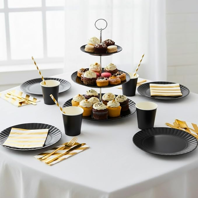 TP 8 inch Plates Set of 8, Melamine Round Plates for Salad Appetizer Dinner Lunch, Dessert Dishes for Indoors and Outdoors, Black