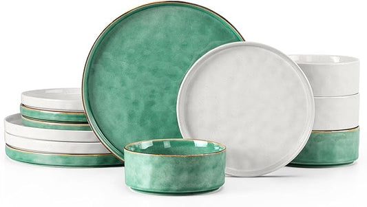 LIANYU Dinnerware Dish Sets for 4, 12 Piece Plates and Bowls Dinner Set, Stoneware Dish Tableware for Dessert Salad Pasta, Microwave & Dishwasher Safe, Polar White & Emerald Green