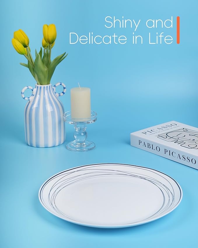 10.5 inch Dinner Plate Set of 6, Lightweight Round Opal Glass Dinnerware Plates, Dishwasher and Microwave Safe, Blue Modern Geometric Design