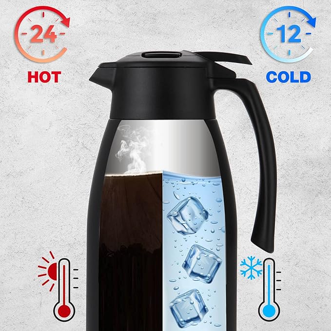 SINCE 1997 MR.CHEF 68Oz Thermal Coffee Carafe, Insulated Stainless Steel Coffee Carafes for Keeping Hot/Double Walled Vacuum Coffee Carafe (Black, 2L)