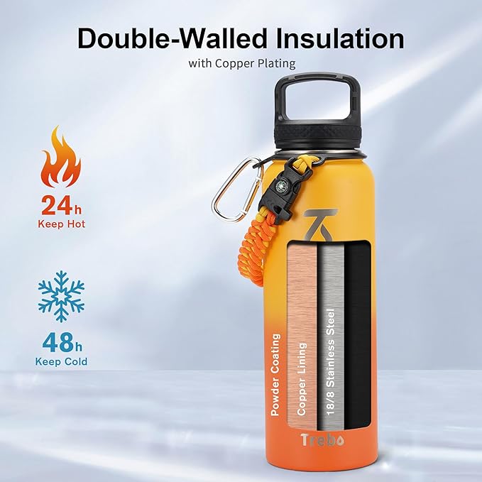 Trebo 40oz Water Bottle with 3 Lid and handle, Vacuum Insulated Stainless Steel Metal Outdoor Leakproof BPA-Free Flask, Keep Cold 48 Hours Water Jug, Best Gift for Men Women Holiday, Orange