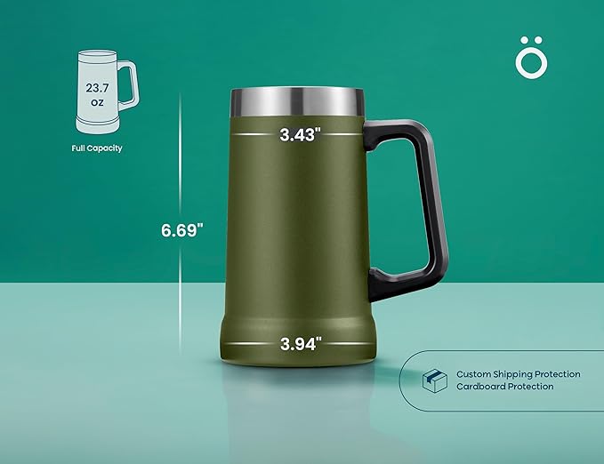 KooK Beer Stein, Stainless Steel Coffee Mug, Tumbler with Thermal Vacuum Insulation, Double Walled Drinking Cup, Large Handle, Shatterproof, Olive, 23.7 oz