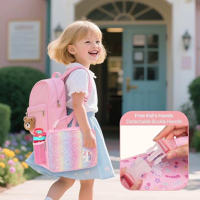 Bagseri Girls Lunch Bag with Ice Pack - Kids Lunch Box for Girls Reusable Leak-Proof and Insulated Kids Lunch Bag Toddler Lunch Box for Daycare and School, Glitter Pink Unicorn