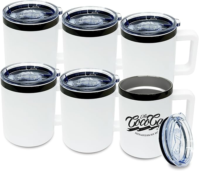 10 oz Tumbler with Handle and Straw Stainless Steel Insulated Coffee Mug for Laser Graving Powder Coated Cup with Black Plated(White,6 pack)