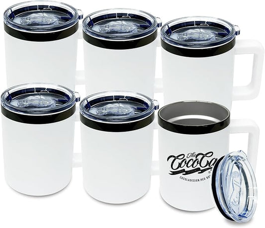 10 oz Tumbler with Handle and Straw Stainless Steel Insulated Coffee Mug for Laser Graving Powder Coated Cup with Black Plated(White,6 pack)