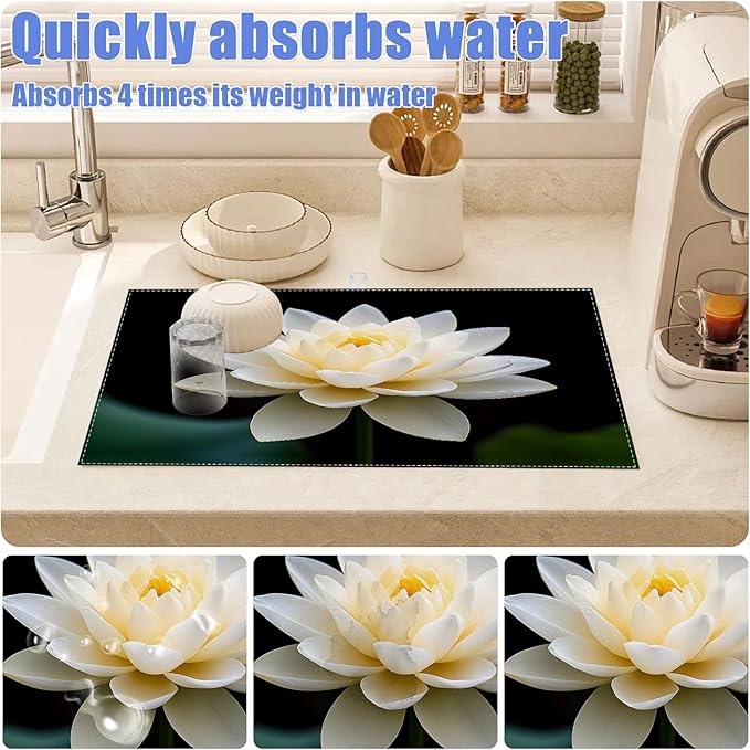 White Louts Flower Dish Drying Mat for Kitchen Counter Floral Drying Pad Absorbent Reversible Dish Drainer Rack Mats Draining Pad 18"x24"Inch