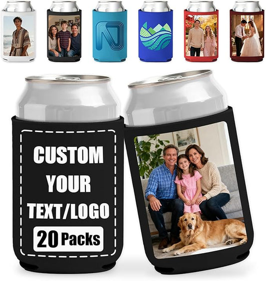 20 Pack Custom Can Coolers - Bulk Personalized Neoprene Beer Sleeves with Logo Text Photo Insulated Drink Holders for Weddings Parties Events