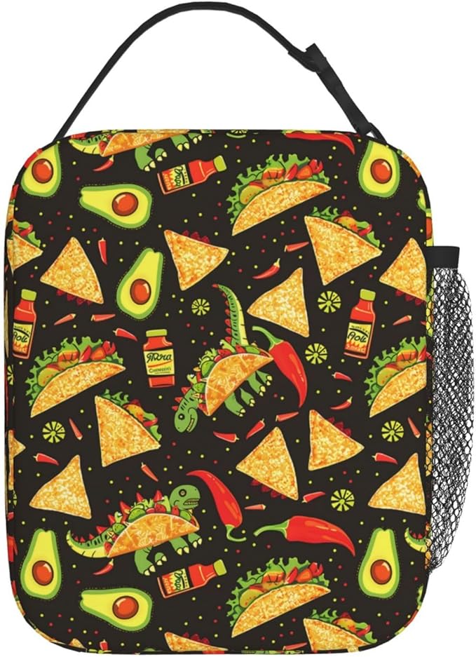 Reusable Taco Dinosaur Avocado Lunch Box for Kids Girls Boys Women Adult, Insulated Mexican Food Lunch Bag,Polyester Cooler Handbags Case for School Picnic Work Travel Beach or Hiking (Black)