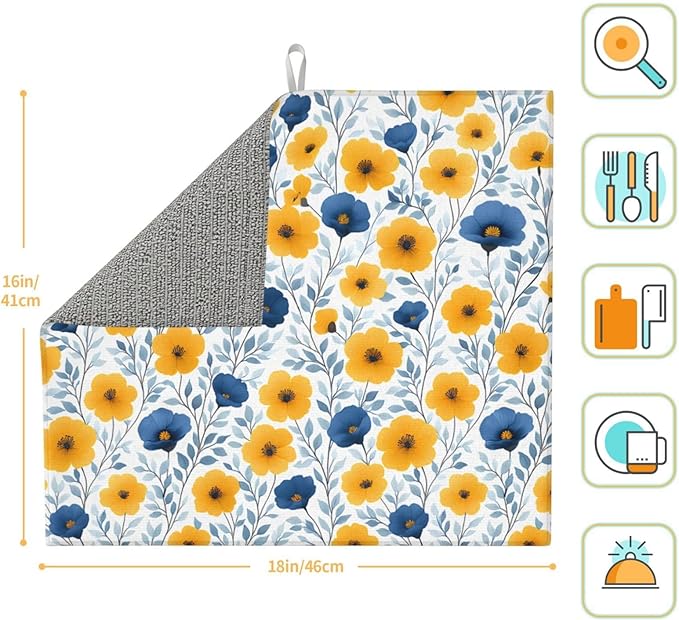 Blue Yellow Floral Dish Drying Mats for Kitchen Counter, 16" x 18" Absorbent Microfiber Drying Pad for Dishes, Decorative Kitchen Mat for Sink & Dining Area, Washable Foldable Reversible, Home Decor