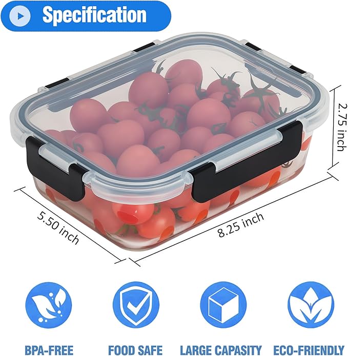 5-Piece Set, 36 oz Glass Meal Prep Containers with Snap-Lock Lids, Airtight Lunch Containers, Microwave, Oven, Refrigerator & Dishwasher Safe,Black