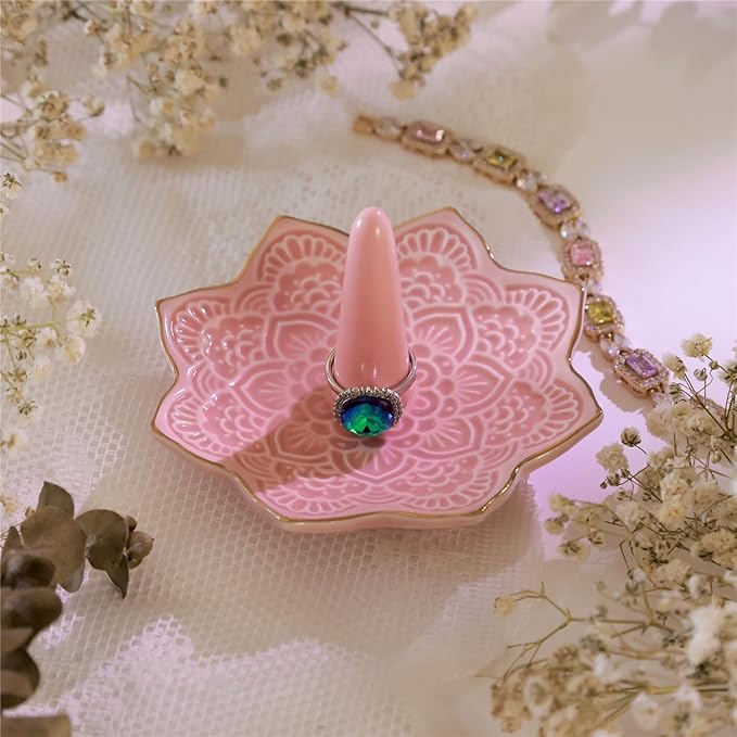 Ceramic Mandala Ring Holder, Decorative Jewelry Dish, Trinket Tray Room Decor, Engagement Wedding Birthday Gifts for Women (pink)