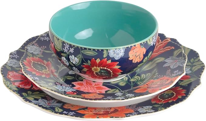 222 Fifth 12-Piece Porcelain Dinnerware Set for 4, White & Parisian Blue Plates and Bowls Set with Gold Rim, Glossy Ceramic Dish Set with Detailed Floral Design, Microwave & Dishwasher Safe, Chintz