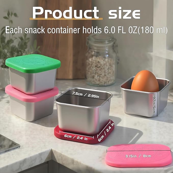 6Pack Stainless Steel Snack Containers for Kids, 6oz Easy Open Sauce Leak Proof Small Food Storage Container with Silicone Lids, Stackable Metal Toddler Lunch Box for Daycare, School and Travel