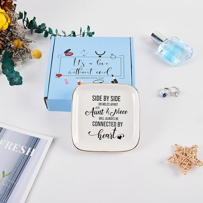 Aunt & Niece Ring Trinket Dish - Connected By Heart, Birthday Christmas Valentines Mother's Day Gift, White