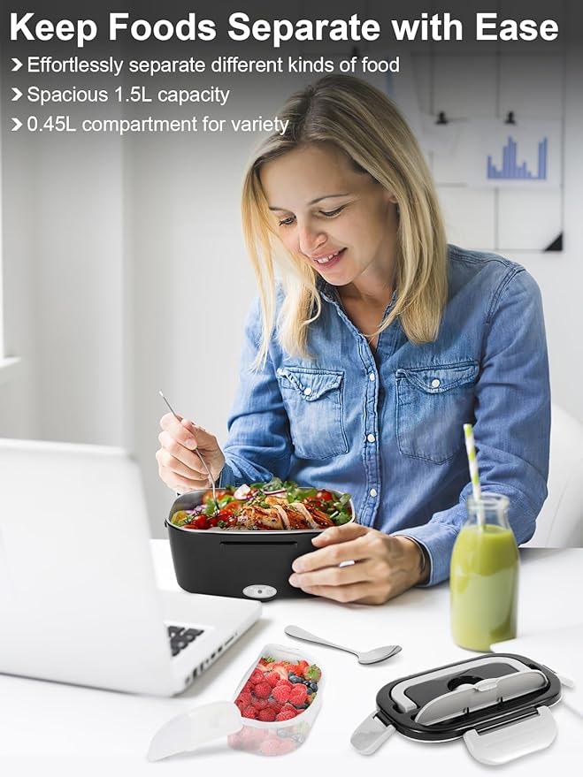 80W Electric Lunch Box for Adults, 1.5L Stainless Steel Food Warmer Lunchbox, 12V/24V/110V Portable Heated Lunch Box for Car/Truck/Office, Leak-Proof, Dishwasher-Safe with Fork & Spoon (Black)
