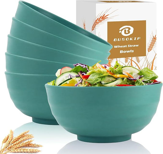 Wheat Straw Large Bowls 60 OZ, Popcorn bowl Bowls Set of 6, Unbreakable and Lightweight Large Serving Bowl for Kitchen, Dorm, Microwave and Dishwasher Safe Big Plastic Bowl Reusable - Green