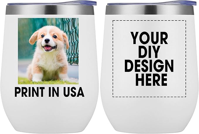 Personalized Custom Wine Tumbler Print in USA 12oz Stainless Steel Travel Coffee Cup with Lid & Straw Double Wall Insulated Mug with Colorful Text Logo Photo