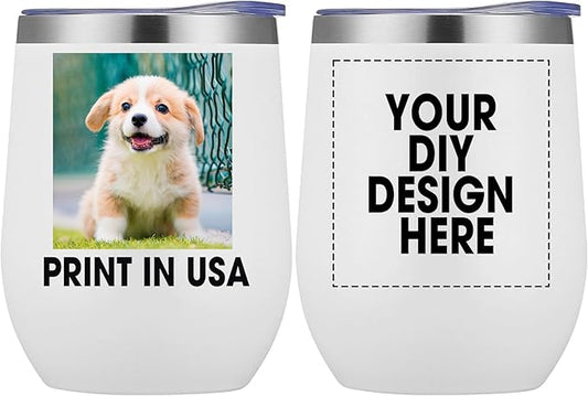 Personalized Custom Wine Tumbler Print in USA 12oz Stainless Steel Travel Coffee Cup with Lid & Straw Double Wall Insulated Mug with Colorful Text Logo Photo