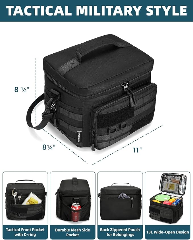 RalChyez Tactical Lunch Box, 13L Large Insulated Lunch Bag MOLLE Webbing Leakproof Thermal Cooler with Shoulder Strap Lunch Pail for Adult Men Women Office Work Camping Picnic Travel Black
