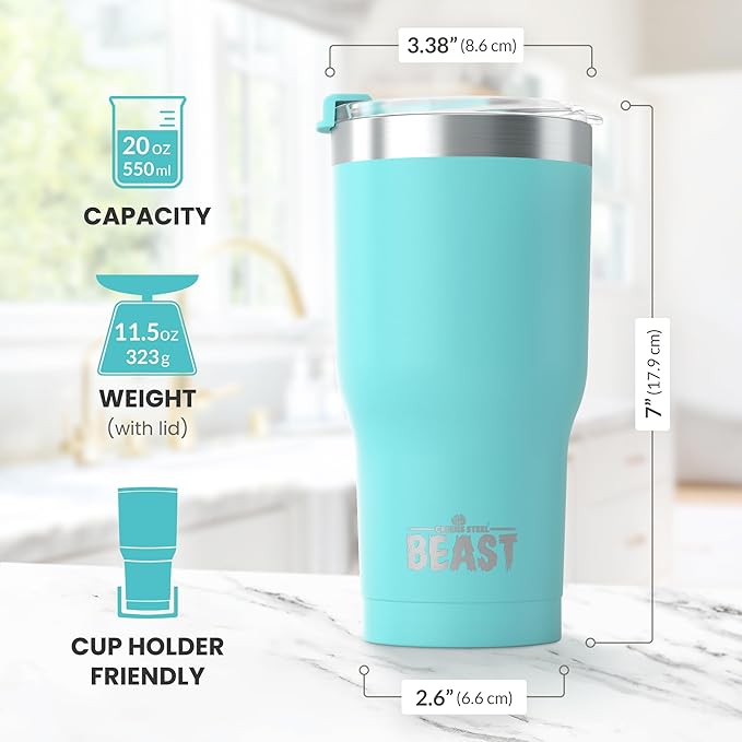 Beast 20 oz Tumbler Stainless Steel Vacuum Insulated Coffee Ice Cup Double Wall Travel Flask (Aquamarine Blue)
