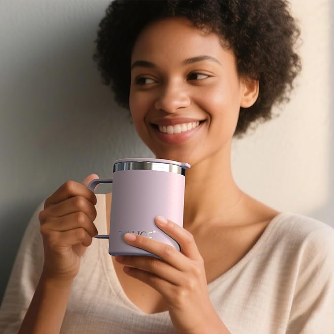 TILUCK 12 oz Insulated Coffee Mug with Lid, Leak-Proof Stainless Steel Travel Mug Cup with Handle for Hot or Cold Drinks(LightPurple, 12oz)