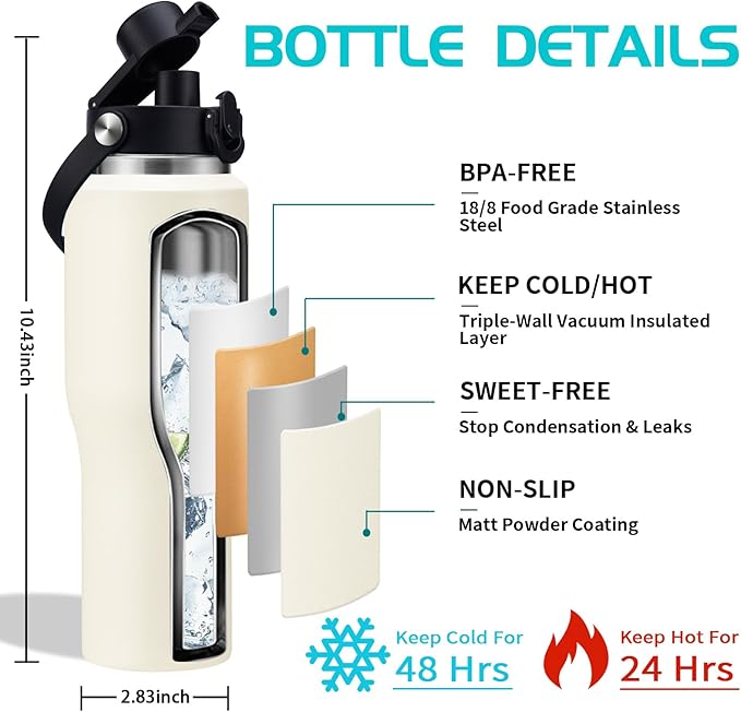 32/40 OZ Water Bottle with Carrying Case, Stainless Steel Insulated Bottle with Lid and Straw, Double Wall Vacuum Thermal Cup Fit in Car Cup Holder for Travel Drive