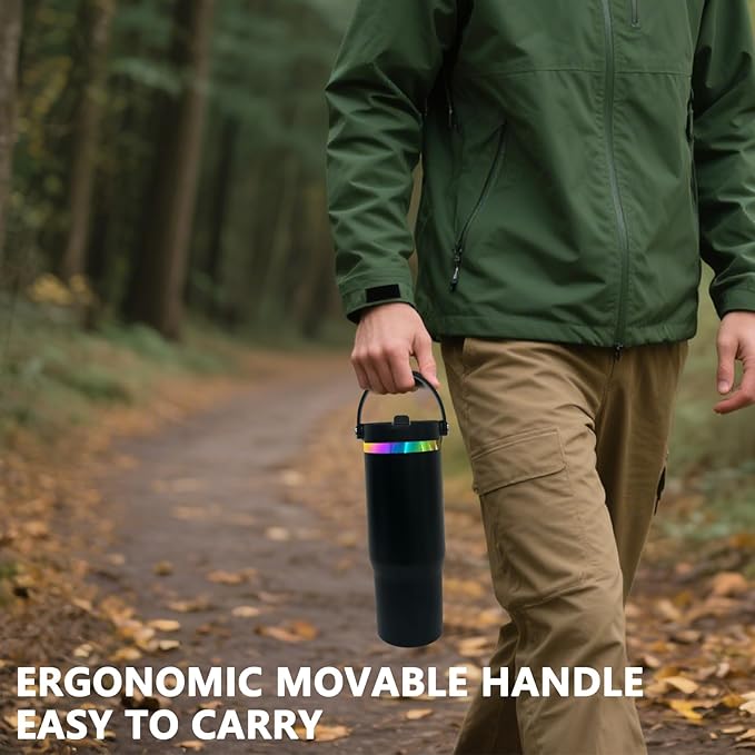 30 oz Tumbler Bulk with Handle and Straw, Vacuum Insulated Tumblers with Flip Straw and Top Handle, Leakproof Powder Coated Tumbler, Stainless Steel Travel Mug for Coffee Water (Black, 8 Pack)