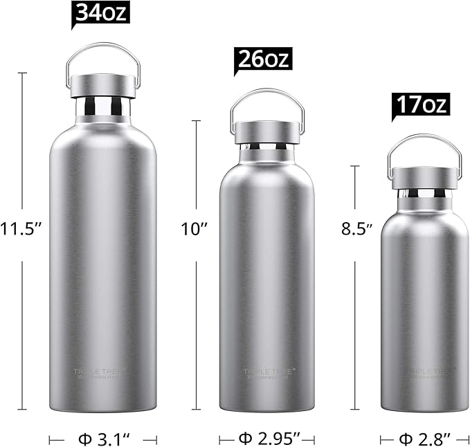 Triple Tree 26OZ Vacuum Insulated Stainless Steel Water Bottle, Double Wall Wide Mouth Lids Keeps beverage Hot or Cold Sweat Proof