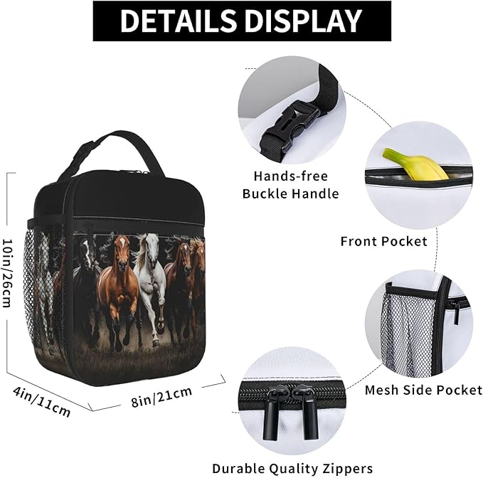 Wild Horse Lunch Bag, Polyester Tote Bags with Horses on Black Background, Insulated Lunchbox, Portable Lunchbag Decor Gifts for Work, Picnic, School, Travel, Hiking, Beach or Fishing