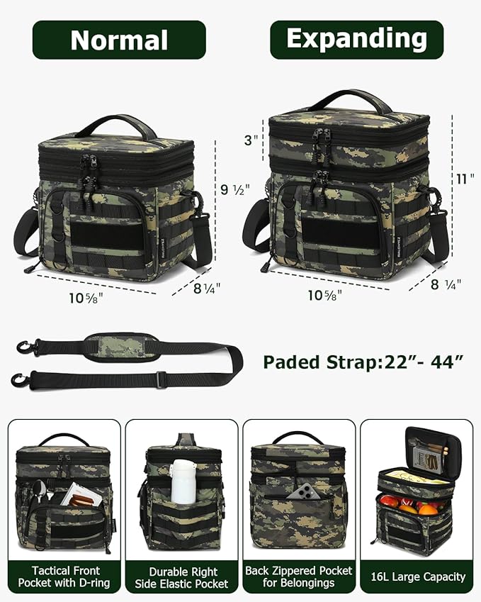 RalChyez Tactical Lunch Box for Men, Large Insulated Lunch Bag Expandable Double Deck Cooler Leakproof Waterproof Lunch Pail for Adult Women Work Office Shifts Picnic Travel Ocp Camo