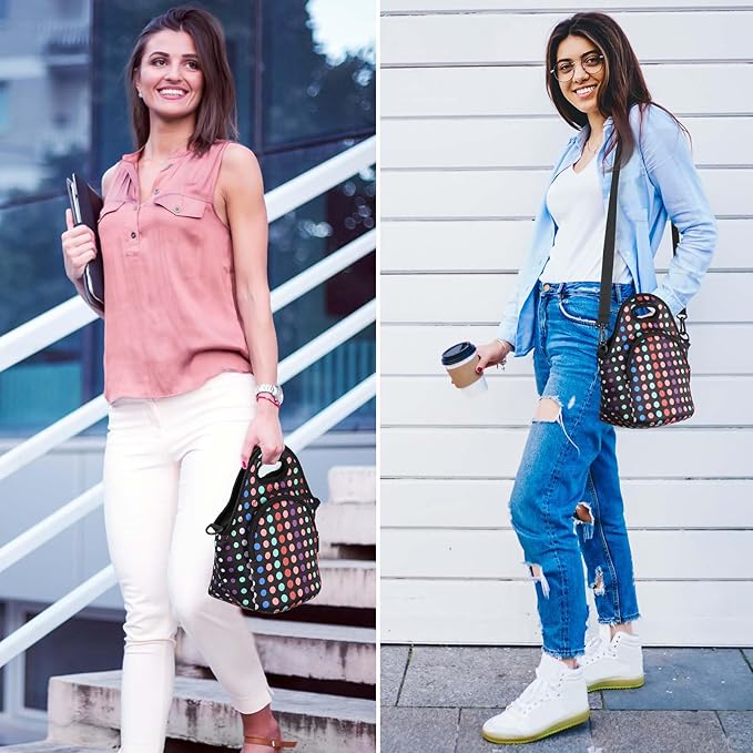 CILLA Neoprene Lunch Bag for Women Insulated Lunch Tote Bags Washable Lunch Container Box Picnic Lightweight Meal Prep Bags(Small Colored Dots+)