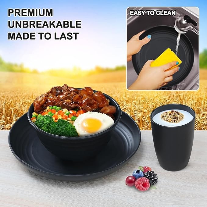 12pcs Plastic Wheat Straw Dinnerware Sets, Wheat Straw Plates and Bowls Sets for 4 College Dorm Room Essentials Microwave Dishwasher Safe (Black)