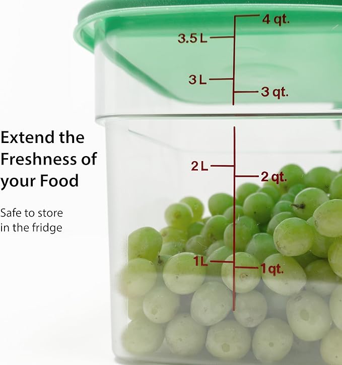 Cambro Food Storage Container with Lid (2 Pack) - Classic Series Square with Green Lid - 4 QT (Quart) - Commercial Grade for Food Prep (Clear)