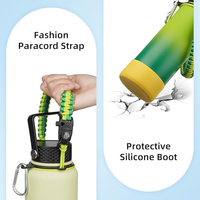 BJPKPK Water Bottle with Straw Lid, 18oz Insulated Water Bottles with 3 Lids, Paracord Handle & Non-slip Boot,Stainless Steel Metal Thermo,BPA Free Leak Proof Tumblers,Bamboo Grove