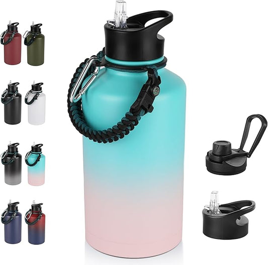 64 oz Insulated Water Bottle with Straw & Spout Lids, Stainless Steel Metal Half Gallon Water Jug with Paracord Handle, Double Wall Vacuum, Leakproof, Keep Drinks Cold & Hot, Pink Blue Gradient